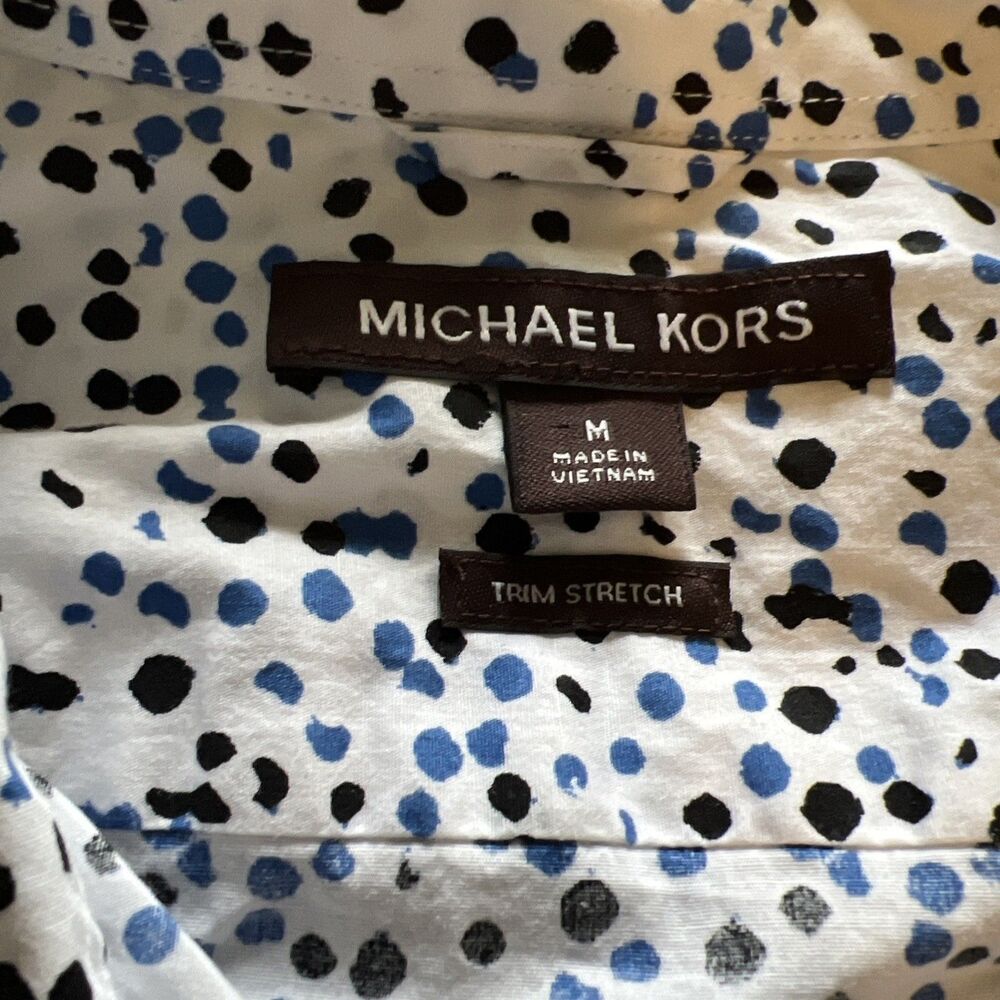 Michael Kors Men M Button Up Blue Black Polka Dots Trim Stretch Long Sleeve - Picture 3 of 11